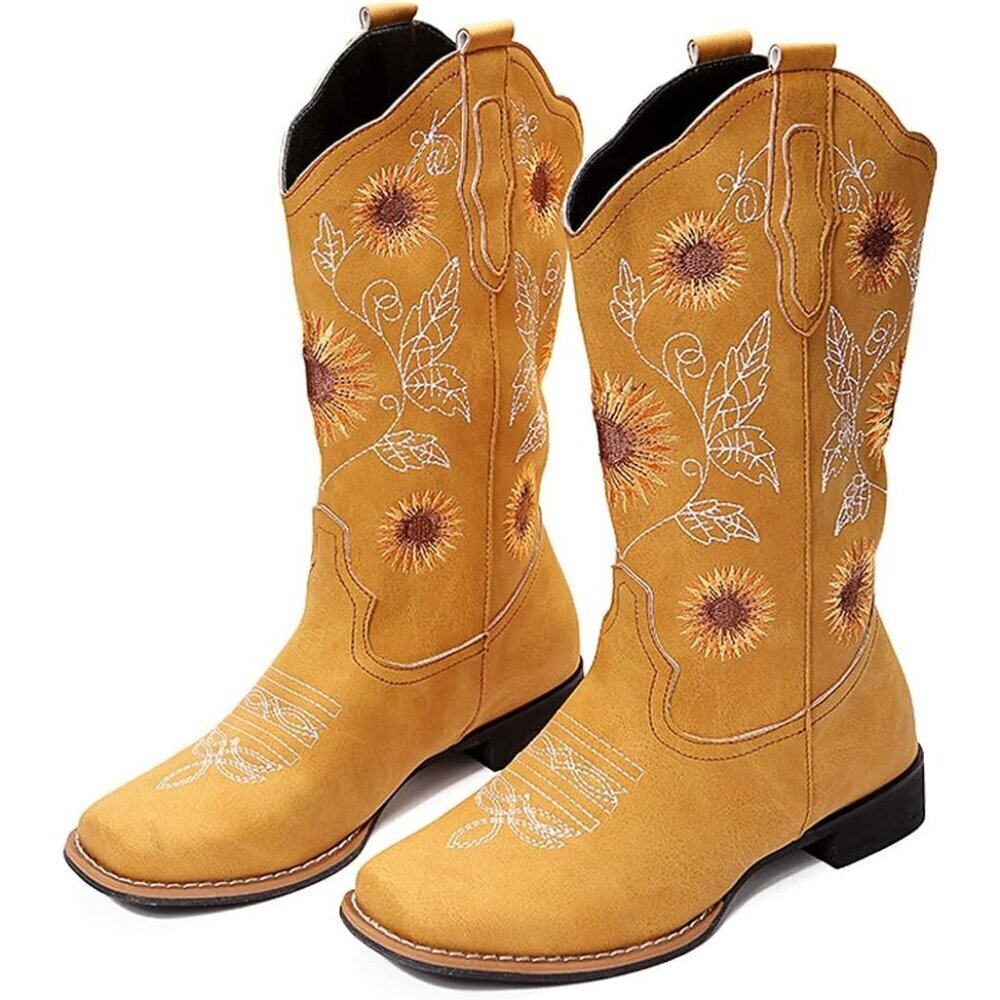 🆕 Women Yellow Mid-Calf Cowgirl Western Boots Embroidered Sunflower Low Heel